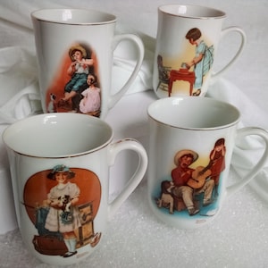 Norman Rockwell artwork on collectible cups Set of 4 vintage ceramic mugs