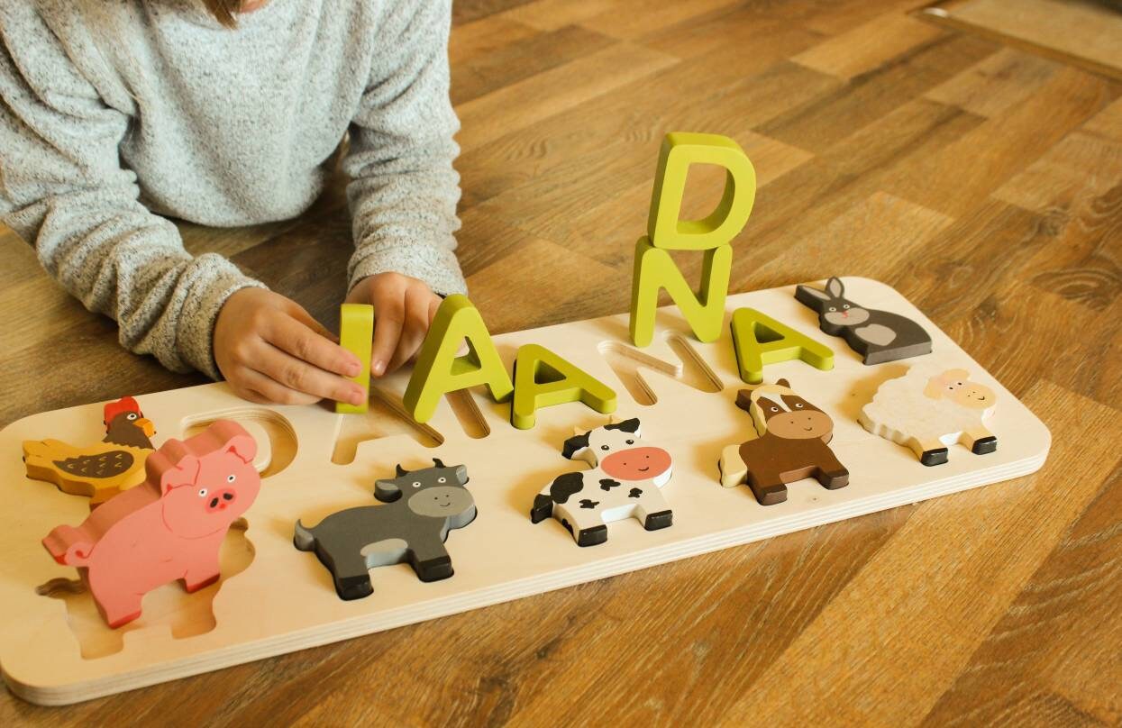 Wooden name puzzle and animals name puzzle baby Farm name Etsy