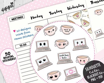 Work from Home digital planner stickers DIY cute stickers kawaii Teacup Laptop Doodles Printable Erin Condren Lockdown Homework Cut files