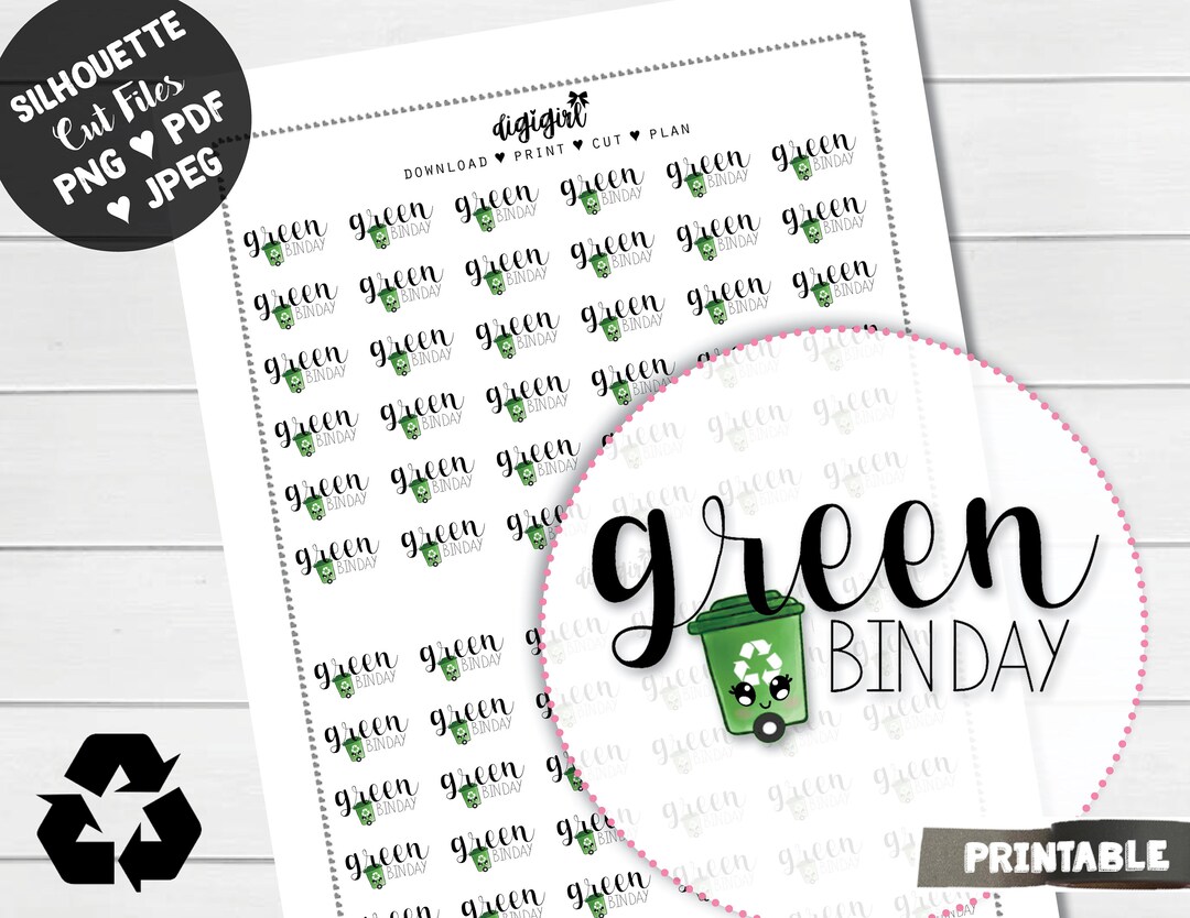 Recycle Green Bin Day Planner Stickers PRINTABLE Green Bin Reminder