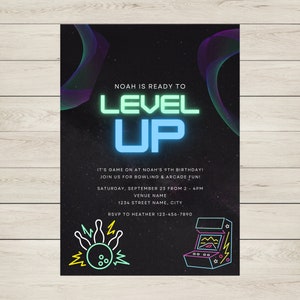 Level Up Bowling and Arcade Birthday Invitation