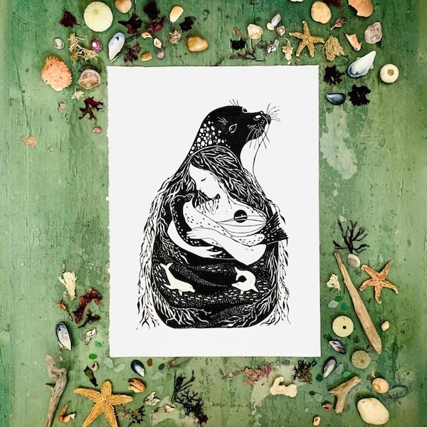 Selkie Linoldruck – keltische Folklore-Kunst | Meeresmutter Wanddekoration