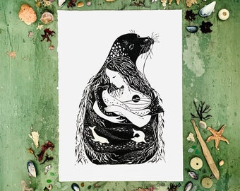 Selkie handmade linocut print