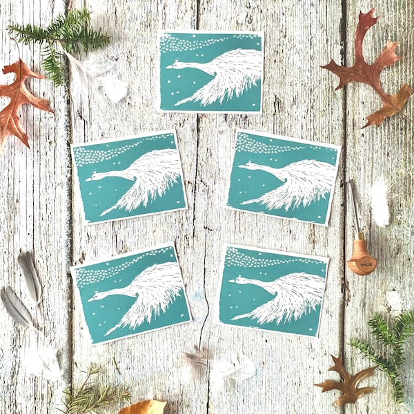 Set of five handmade flying goose linocut print cards with envelopes