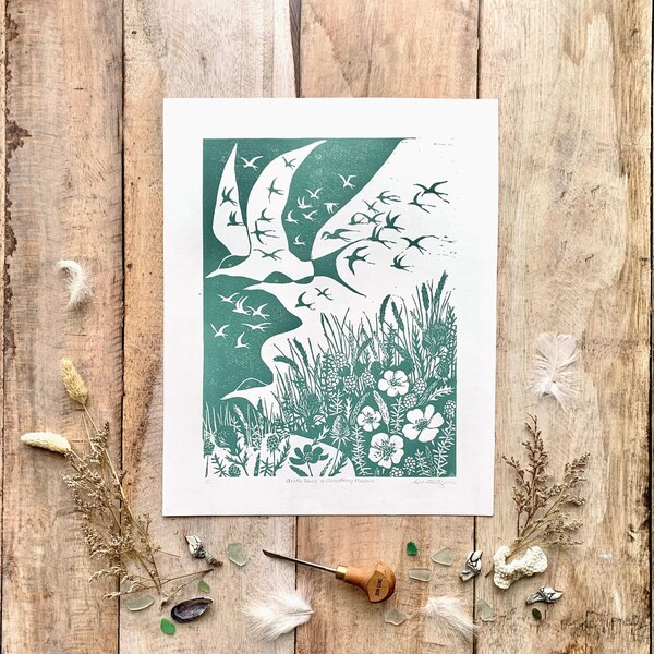 handmade arctic tern linocut with native coastal plants and flowers