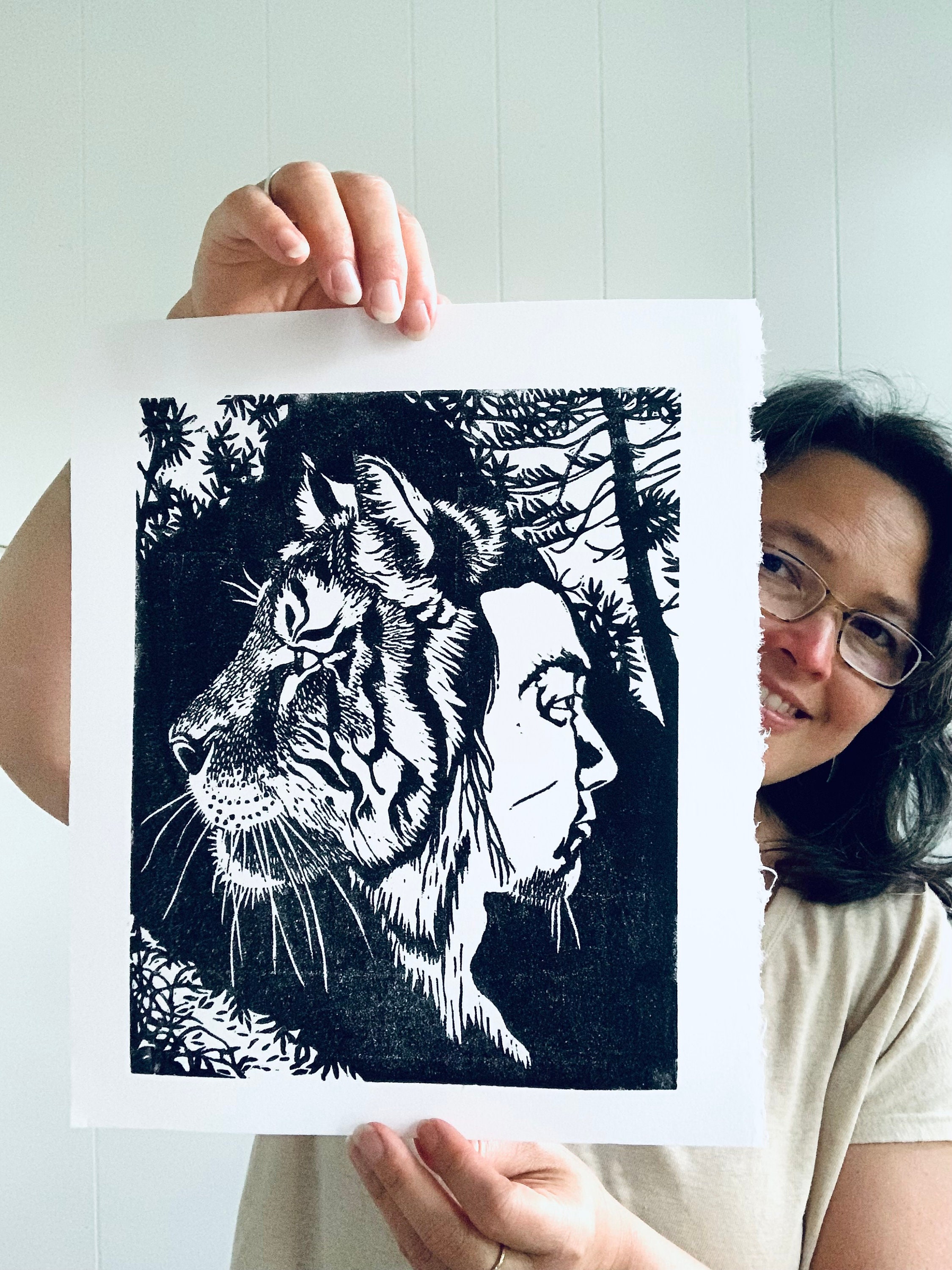 Tiger Linocut Print Korean Folktale Art Black and White Cat Etsy