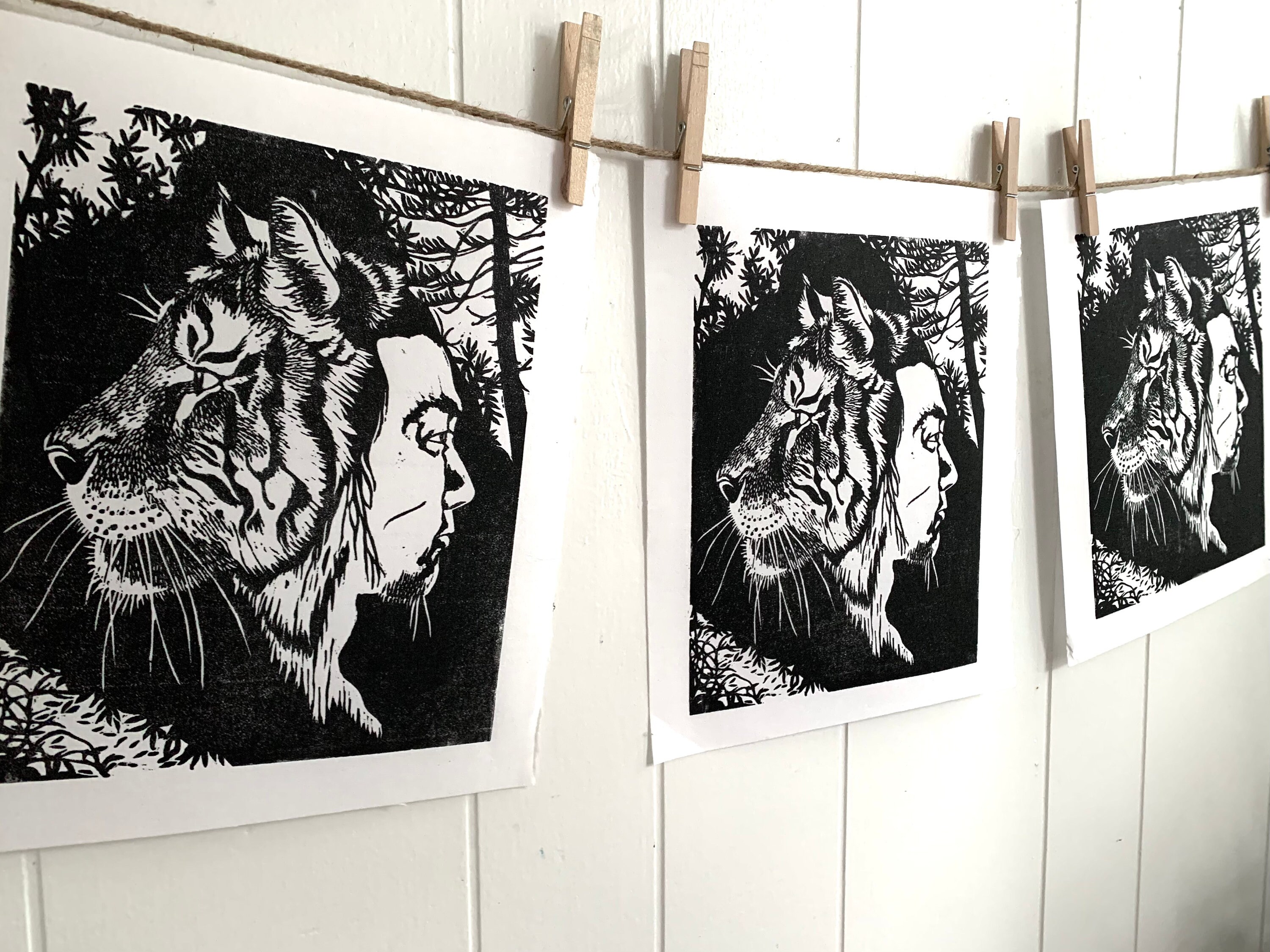 Tiger Linocut Print Korean Folktale Art Black and White Cat Etsy