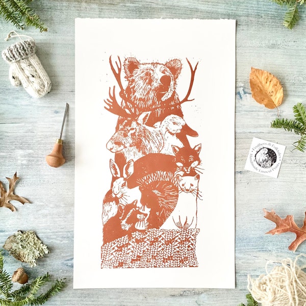 Woodland animal linocut print inspired by Ukrainian and Abenaki folklore