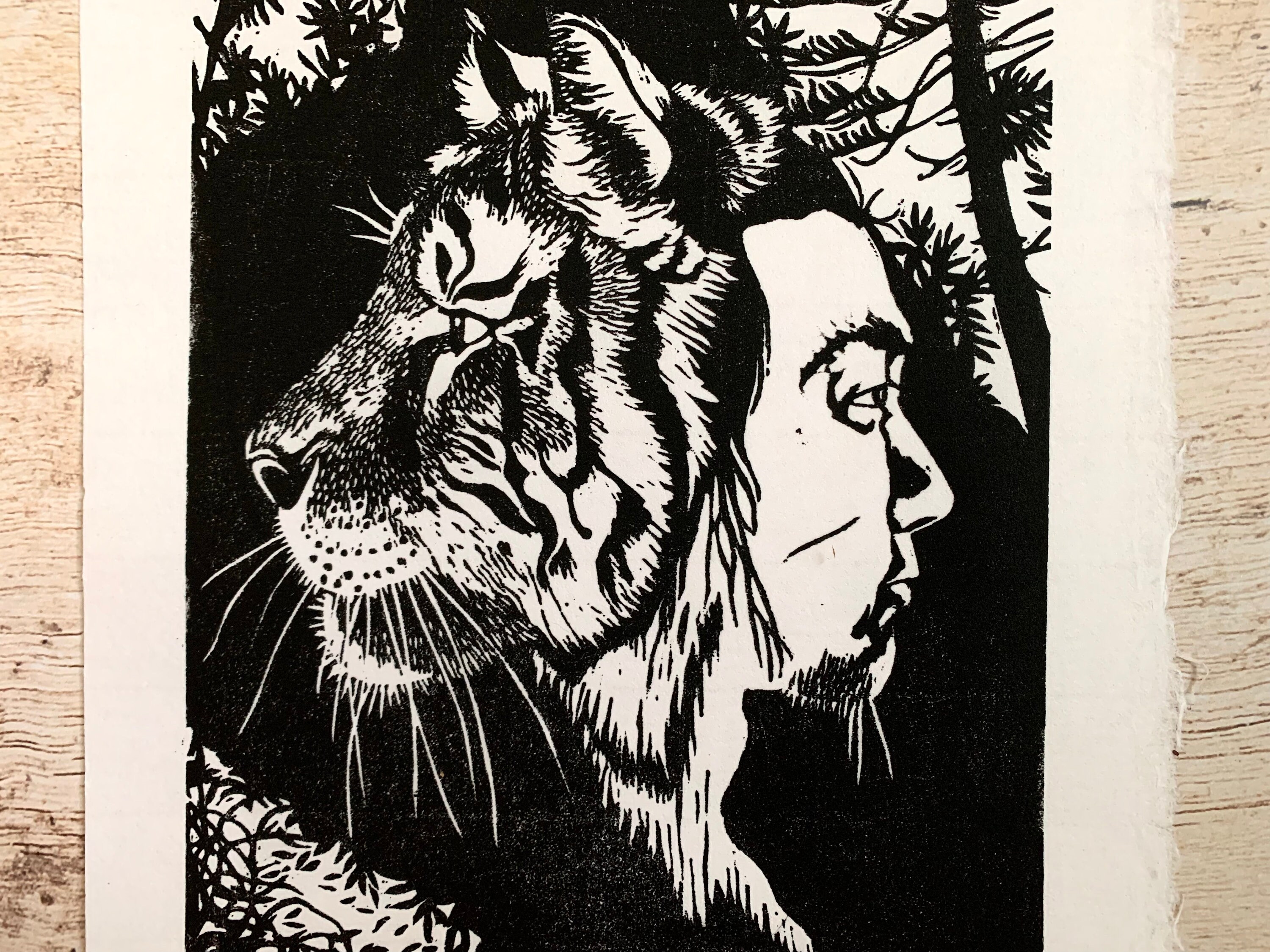 Tiger Linocut Print Korean Folktale Art Black and White Cat Etsy