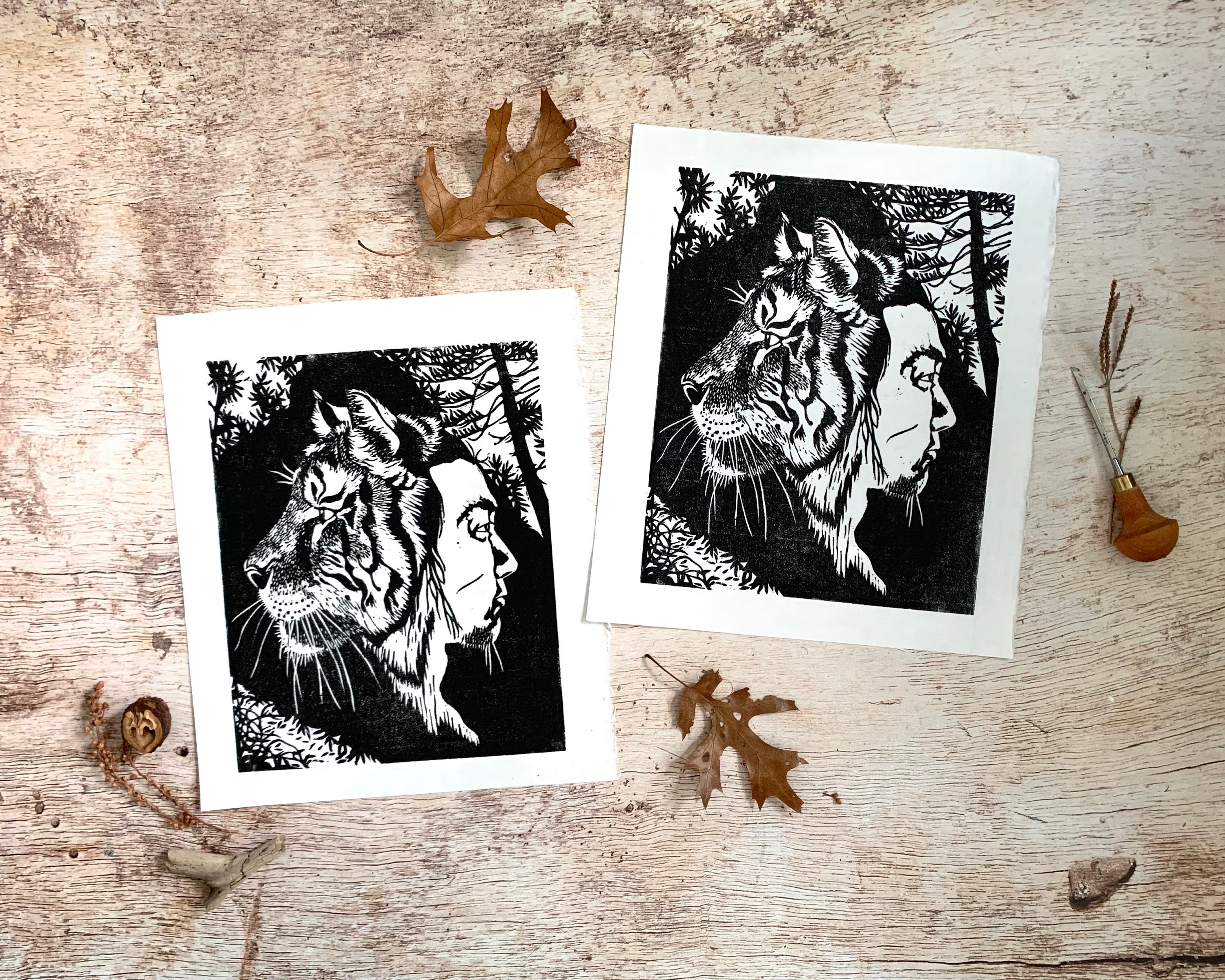 Tiger Linocut Print Korean Folktale Art Black and White Cat Etsy