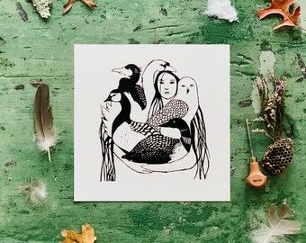 Linocut print of wild birds and a woman inspired by winged goddesses from folklore, gift for nature and folktale lover