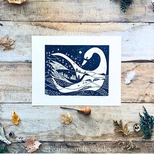 Nordic soul bird linocut print, handmade folklore artwork