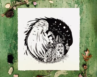 Handmade Crone and Crow folktale linocut print