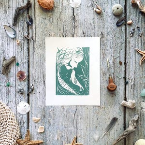 Selkie handmade linocut print, 5&quot; x 7&quot; small Selkie art