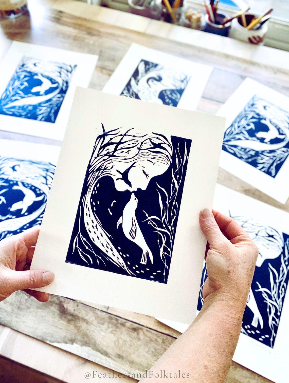 Set of Three Selkie Linocuts, Mix and Match Handmade Art Prints Etsy