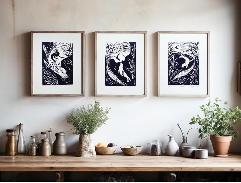 Set of Three Selkie Linocuts, Mix and Match Handmade Art Prints Etsy
