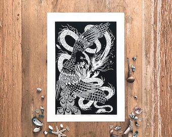 Dragon and Phoenix Linocut Art, Asian mythology print