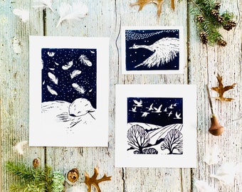 Set of three handmade Goose folklore linocut prints, mix and match art prints