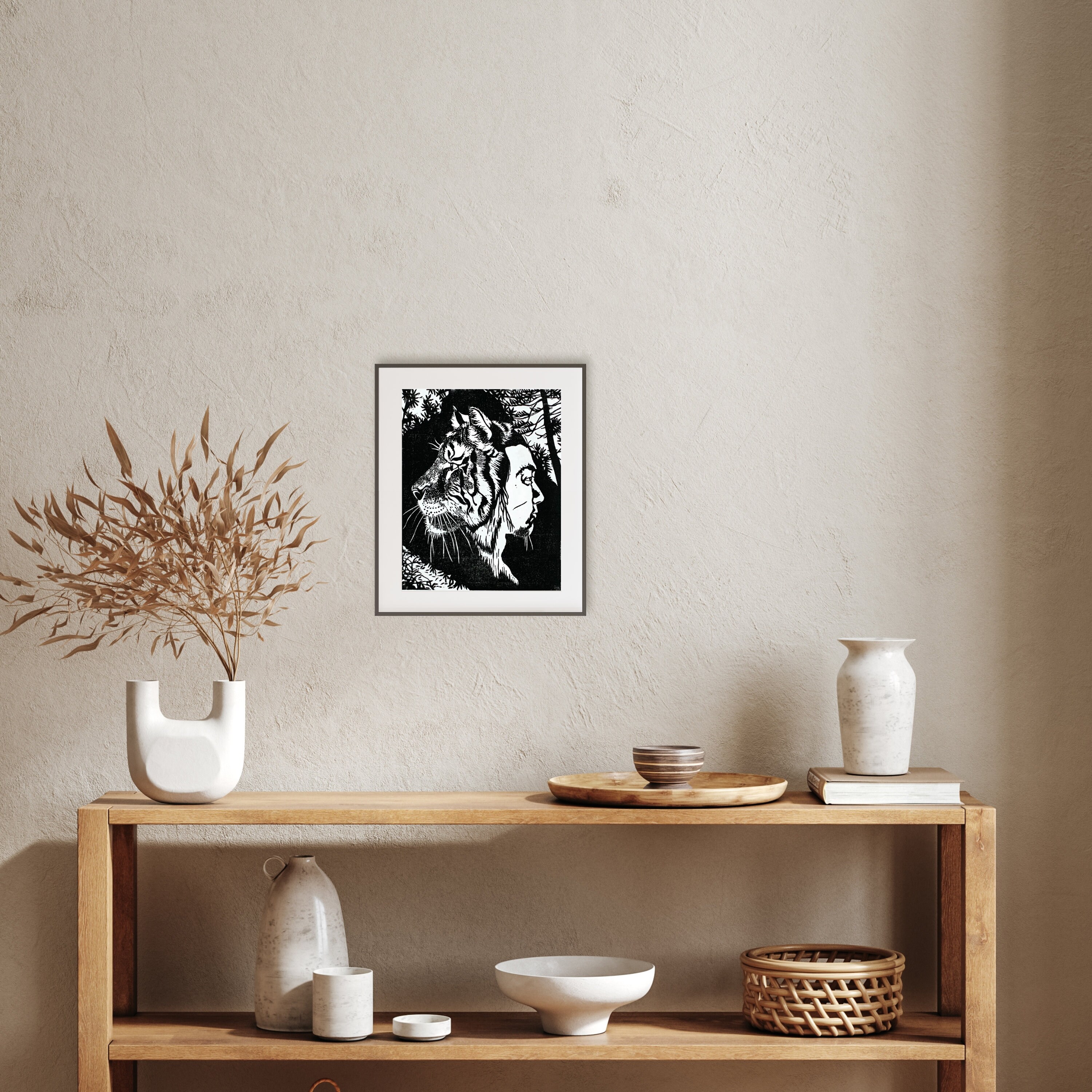 Tiger Linocut Print Korean Folktale Art Black and White Cat Etsy