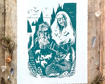Crone and Wizard Scottish folklore linocut artwork from the Isle of Skye