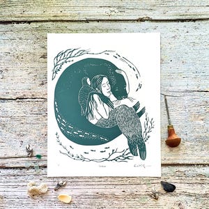 Selkie Linocut Print: Mythic Seal Woman Art, Irish Folklore