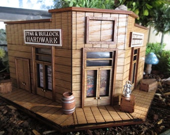 O Scale Star and Bullock Hardware, Deadwood, Old West Miniature Rustic Building, train exhibit decor 1:43 scale