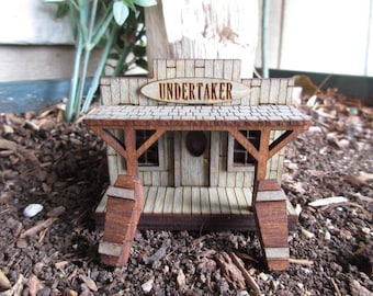 HO Scale Miniature Old Western Undertaker and coffins, rustic building 1:87 scale model train American West