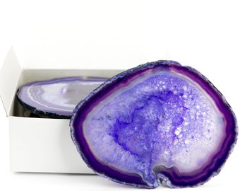 Large Purple Agate Coasters Set of 4 Sliced Thick with Felt Bumper (4-5") | Authentic Handmade Brazilian coasters packaged in the USA