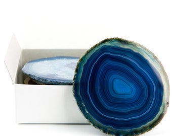 Large Blue Agate Coasters Set of 4 Sliced Thick with Felt Bumper (4-5") | Authentic Handmade Brazilian coasters packaged in the USA