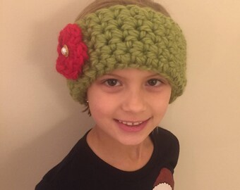 Handvirkat öronvärmare för barn, blomma, knapp, grön, röd