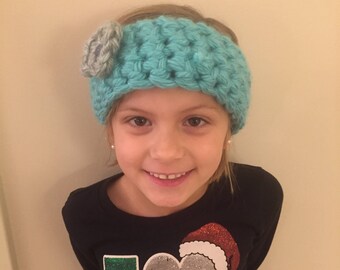 Handvirkat öronvärmare för barn, blomma, knapp, grå, blå