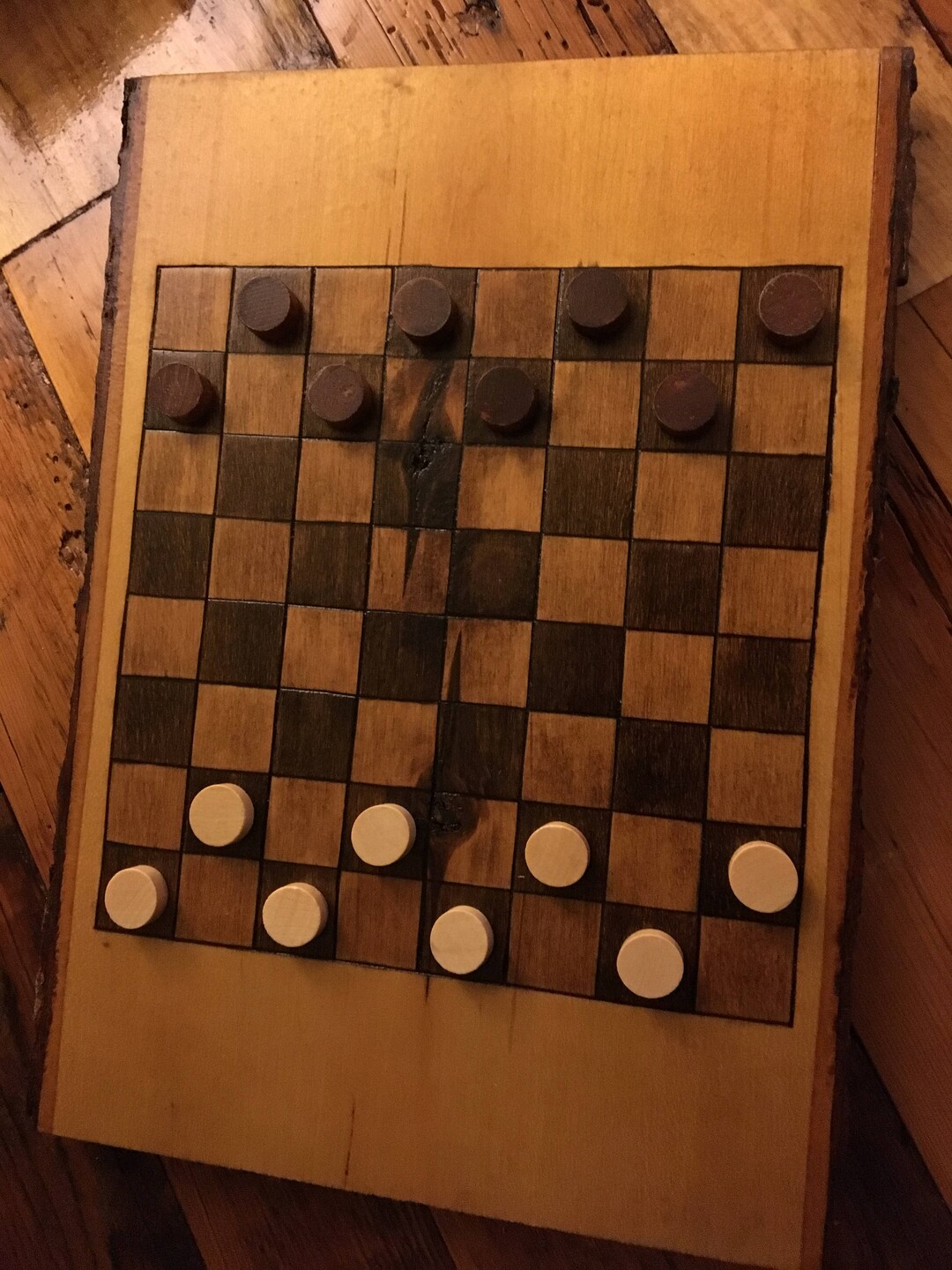 Handmade Wooden Checker Board With Pieces Etsy
