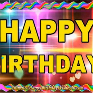 Op de afbeelding: Een kleurrijk geanimeerd beeld met een regenboogrand en een glinsterende achtergrond. De tekst "HAPPY BIRTHDAY!" staat in gele letters.