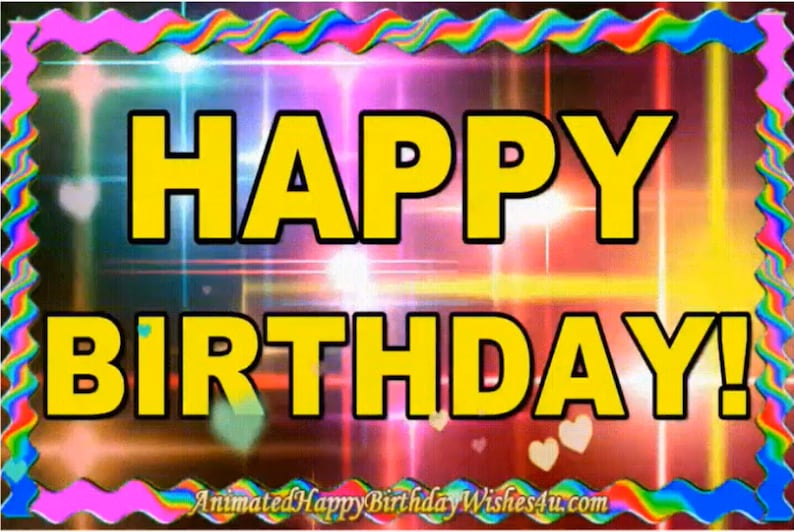 Op de afbeelding: Een kleurrijk geanimeerd beeld met een regenboogrand en een glinsterende achtergrond. De tekst "HAPPY BIRTHDAY!" staat in gele letters.