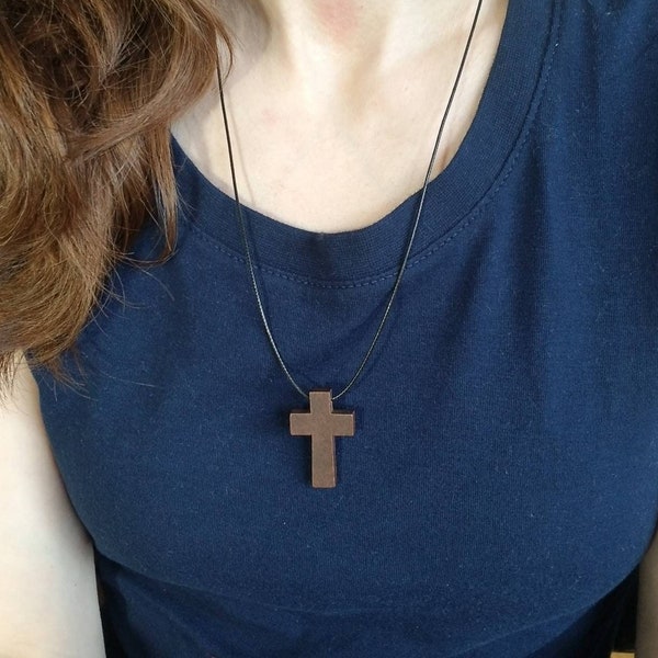 Wood cross necklace -Handmade wood pendant necklace -Black cord choker -Adjustable rope mens christian necklace -Necklaces for women -Gift