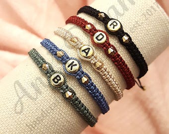 Couples Initial Bracelet Set, Matching Gold Letter Braided Cord Bracelets