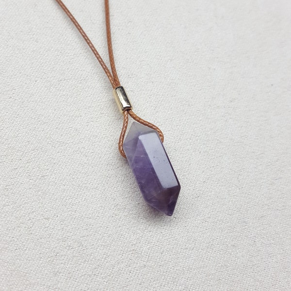 Amethyst necklace Real Amethyst point crystal Natural crystal jewelry Purple Amethyst pendant Adjustable black tan cord choker necklace