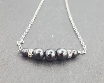 Hematite Beaded Necklace, Rhinestone Stainless Steel Chain