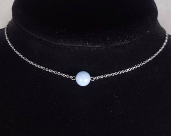 Angelite Choker Necklace, 8mm Gemstone on Stainless Steel Chain