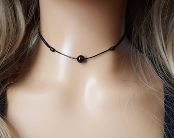 Handmade Black Onyx Choker Necklace - Adjustable Cord, Gemstone Jewelry