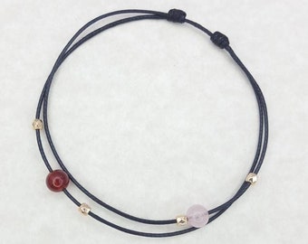 Red Carnelian and Rose Quartz anklet Red Carnelian Rose Quartz ankle bracelet Black cord anklet Cute Dainty string adjustable ankle bracelet