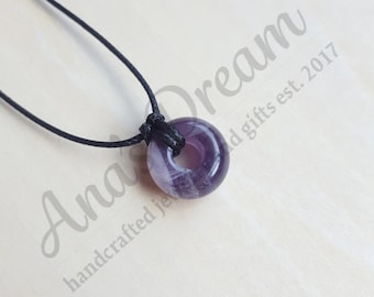 Amethyst Necklace, Natural Crystal Donut Pendant, Adjustable Cord