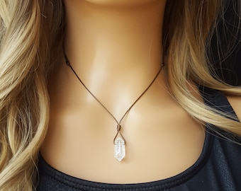 Clear Quartz necklace -Natural Quartz crystal pendant -Adjustable black cord choker necklace -Handmade Boho Hippie Rustic necklace for women