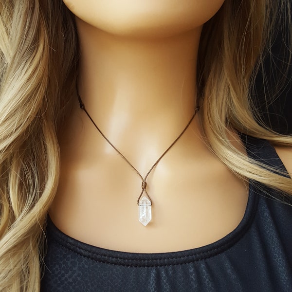 Clear Quartz necklace -Natural Quartz crystal pendant -Adjustable black cord choker necklace -Handmade Boho Hippie Rustic necklace for women