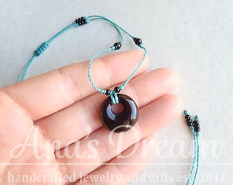 Handmade Black Onyx Donut Pendant Necklace, Adjustable Cord
