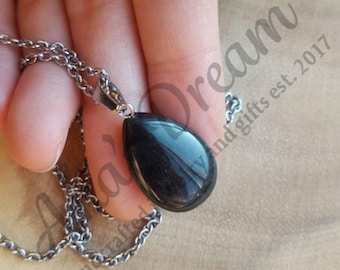 Black Obsidian Teardrop Necklace, Stainless Steel Chain
