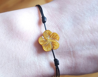 Golden Flower bracelet Lake shell bracelet Handmade jewelry Adjustable yellow flower bracelet Black cord everyday bracelet Gift for women