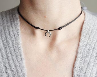 Crescent Moon Choker: Silver Charm, Black Cord Necklace