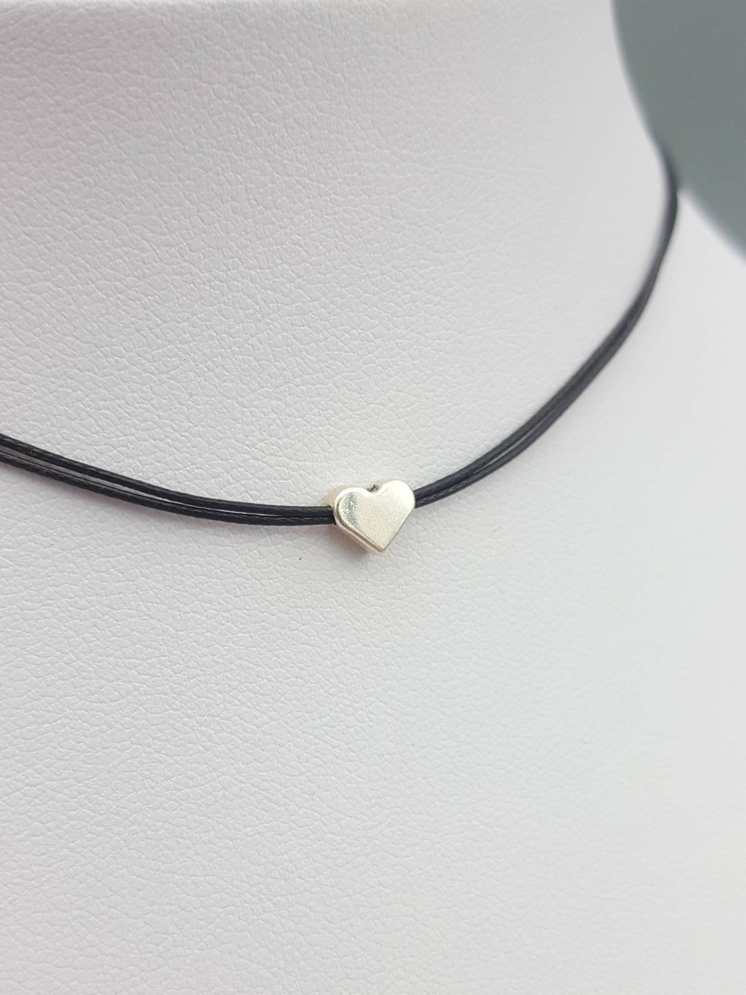 Silver Heart Choker Necklace, Black Cord, Adjustable - Etsy