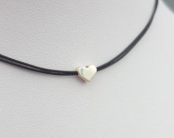 Tiny Heart Choker Necklace, Silver Color Charm, Adjustable Black Cord